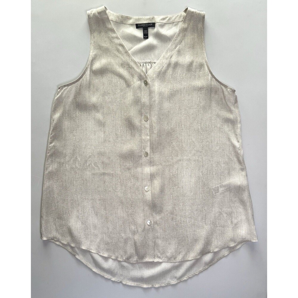 Eileen Fisher Button-Up Tank Tunic Sz PS 100% Silk Georgette Crepe Oatmeal
